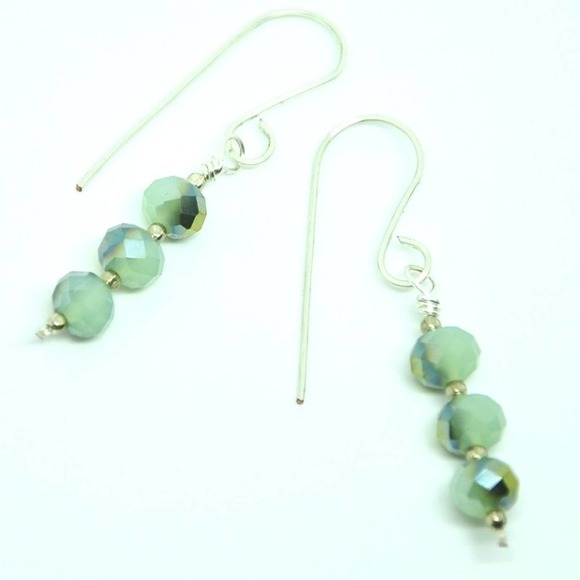 Handmade Sterling Silver Mint Green Faceted Dangle Earrings - Picture 3 of 13